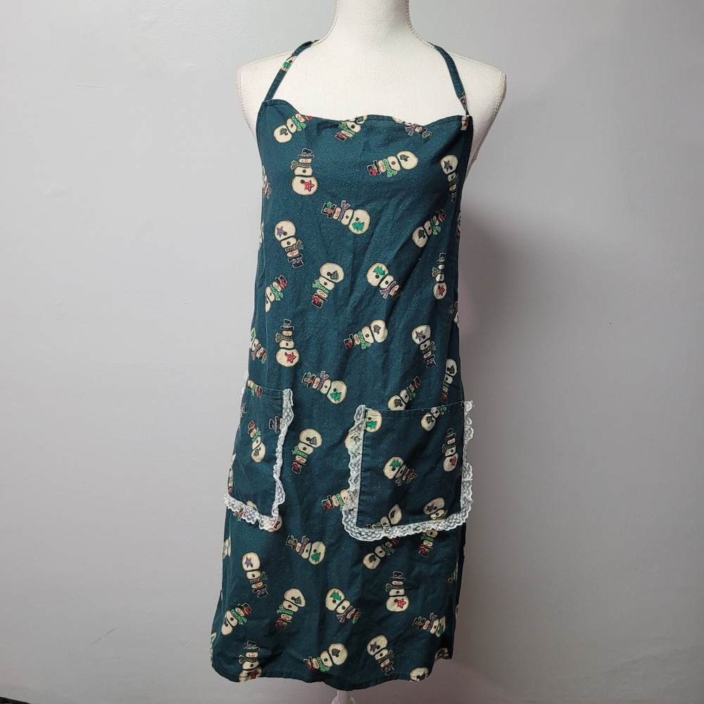 Womens‎ Teal Snowman Print Halter Neck Apron with Lace Pockets Kitchenware